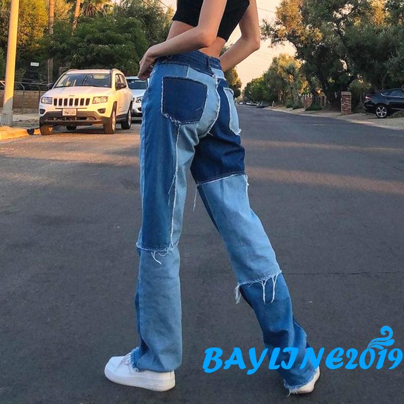 Quần Jeans Dài Ống Loe Phối Màu Thời Trang Cho Nữ