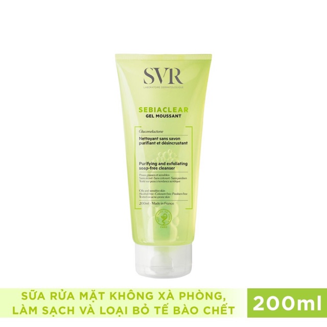 SVR SEBIACLEAR Gel Moussant - Sữa rửa mặt không có xà phòng, giúp làm sạch và loại bỏ tế bào da chết (200ml)