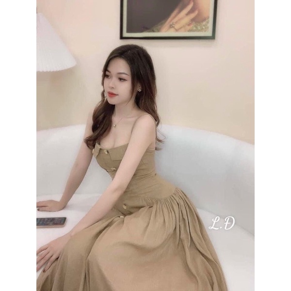 Đầm đũi 2s hai dây form xoè chữ A đính nút xếp ly cách điệu hai bên hông rất xinh