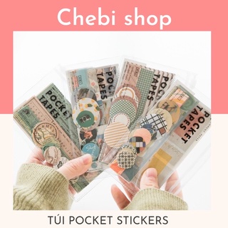 Chebishop Set 40 washi stickers Pocket tapes kèm túi zip, gồm 40 hình dán trang trí planner, bullet journal phong cách