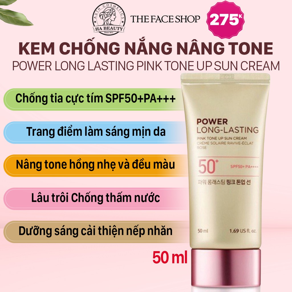 Kem chống nắng nâng tone trang điểm dưỡng da The Face Shop Power Long Lasting Pink Tone Up Sun Cream SPF50+PA+++ 50ml