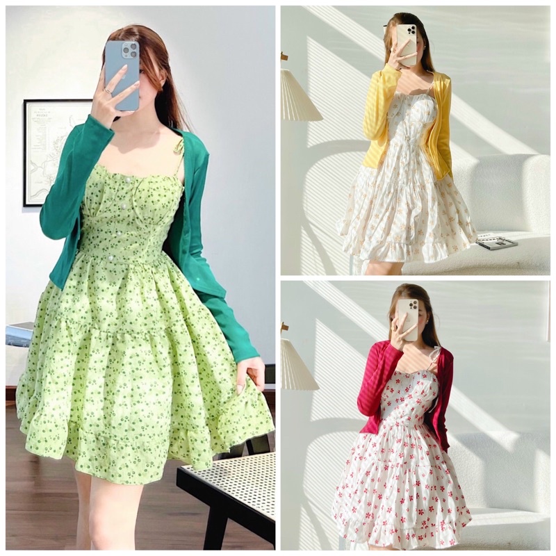 SET Đầm xòe 2 dây hoa nhí kèm Áo khoác dệt kim 4 màu xanh dương/đỏ/vàng/xanh lá NÀNG CLOSET