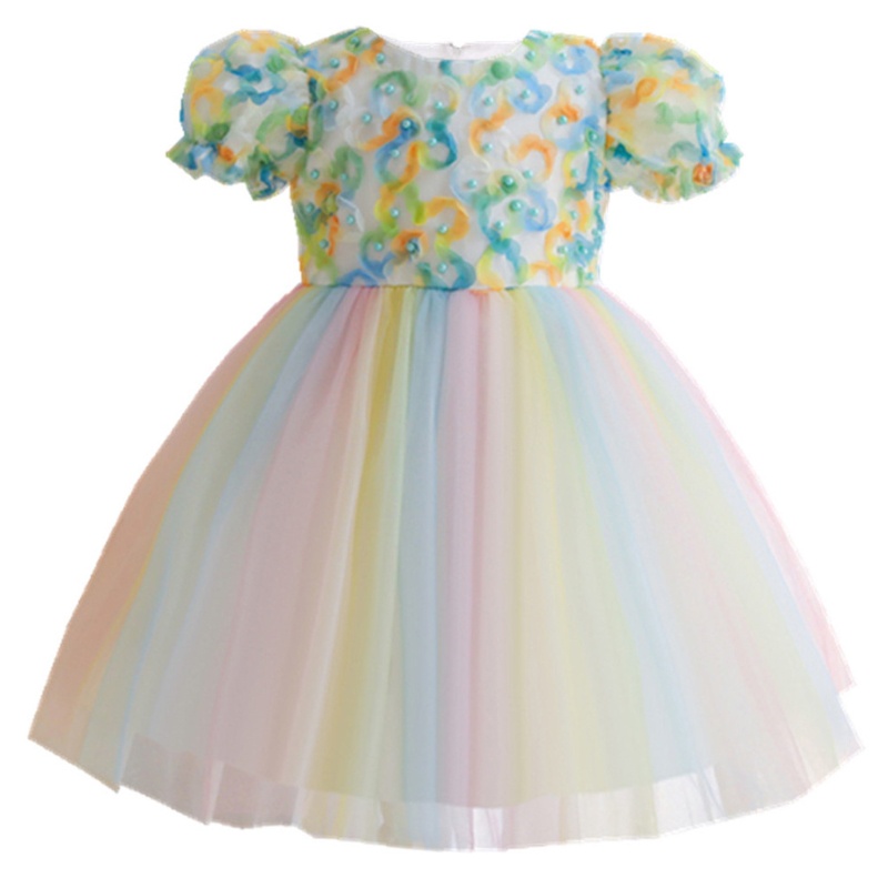 Đầm Xòe Tay Ngắn Phồng Đính Hạt / Hoa 3D Dành Cho Bé Gái Dự Tiệc Sinh Nhật