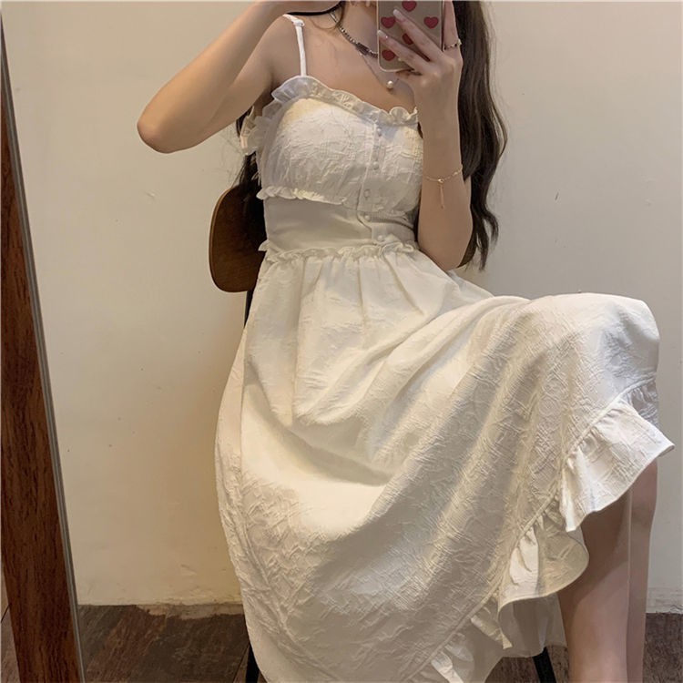 Váy maxi nữ Váy dáng dài Váy suông Xuân / Hè 2021 mặc bên ngoài kiểu mới và đầm dây trong dài giữa màu trắng