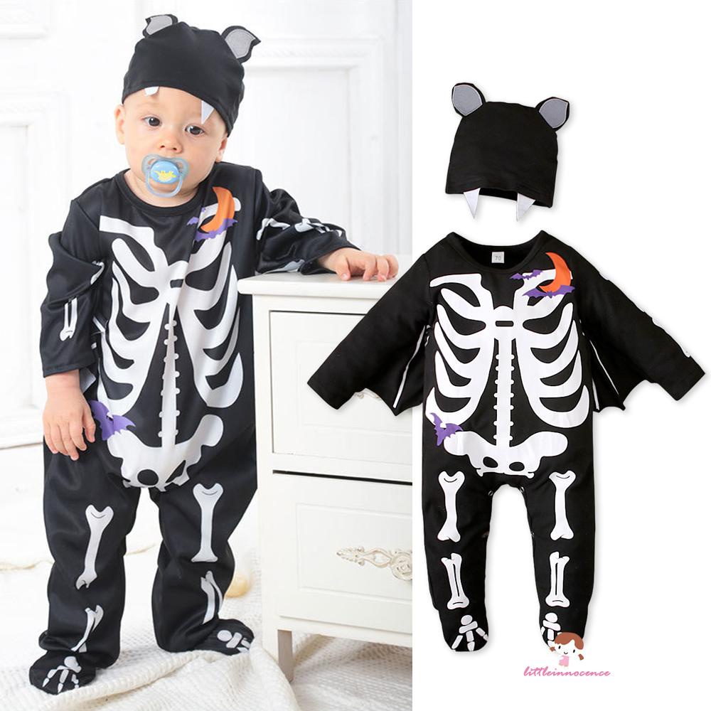 Bộ Áo Liền Quần Tay Cánh Dơi In Hình Bộ Xương + Mũ Hóa Trang Halloween Dành Cho Bé 3-24 Tháng Tuổi