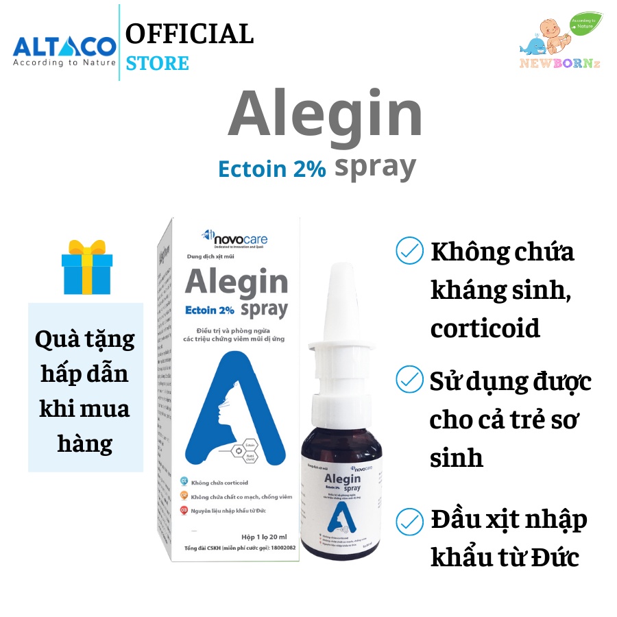 Xịt viêm mũi dị ứng, viêm xoang Alegin 20ml, không chứa chất co mạch, không chứa kháng sinh,an toàn- NewbornZ
