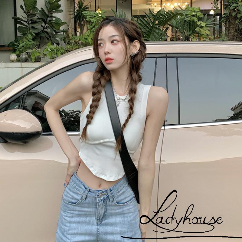 LD-Women Push Up Crochet Vest, Solid Color Round Neck Ribbed Cropped Tank Tops, Black/ White/ Coffee