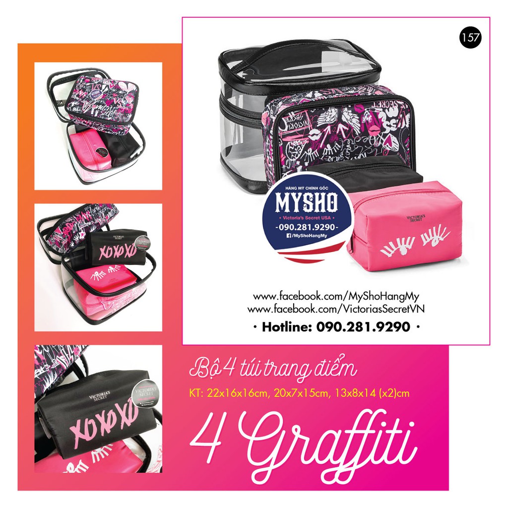 Bộ 4 túi mỹ phẩm hoạ tiết Graffiti cá tính (157) - Hàng nhập Pink, Victoria's Secret USA