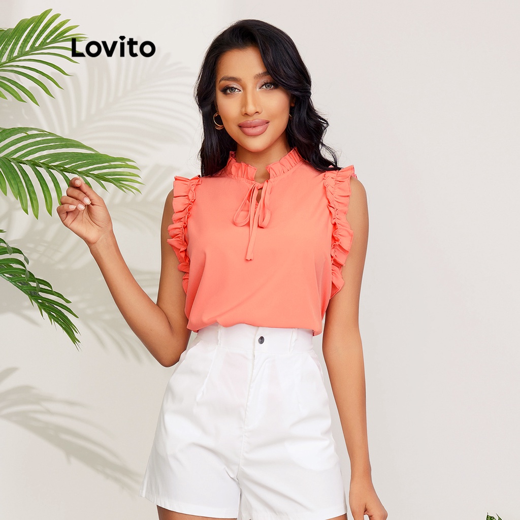 Áo kiểu Lovito màu trơn thiết kế cổ áo buộc diềm xếp nếp và lai bèo xếp nếp phong cách thanh lịch L27LD078 (hồng dưa hấu)