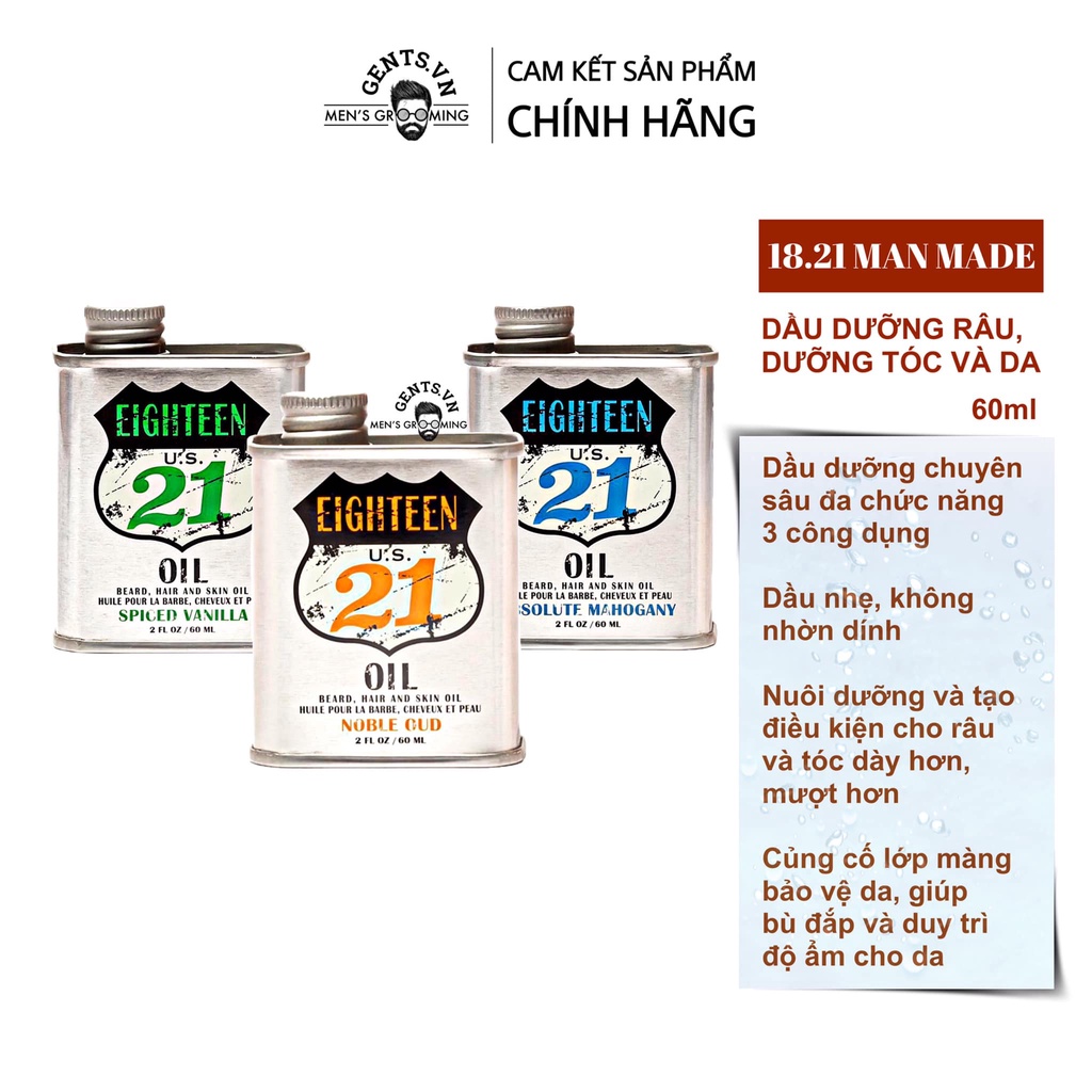 Dầu dưỡng râu, tóc và da 18.21 Man Made Beard, Hair and Skin Oil 60ml