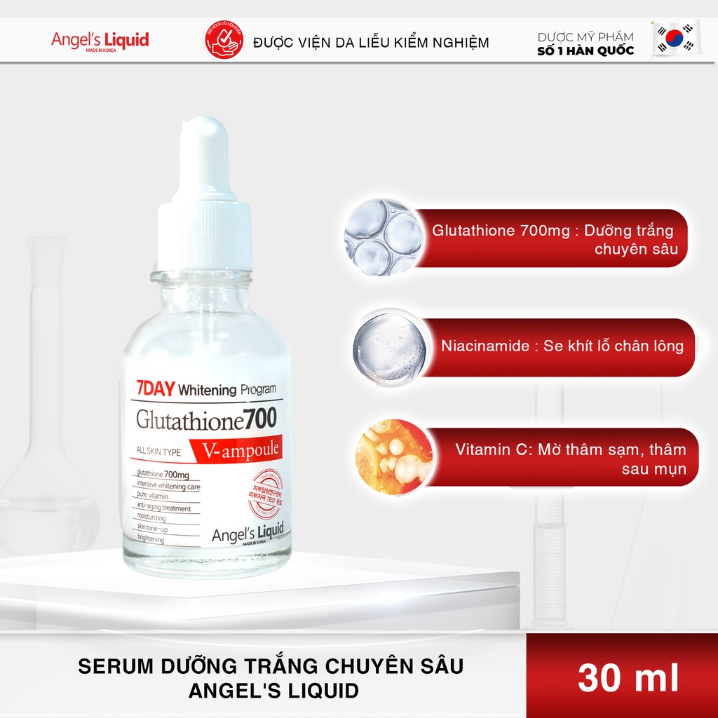 Serum dưỡng trắng làm đều màu da Angel Liquid 7 Day Whitening Program Glutathione 700 V-Ample 30ml