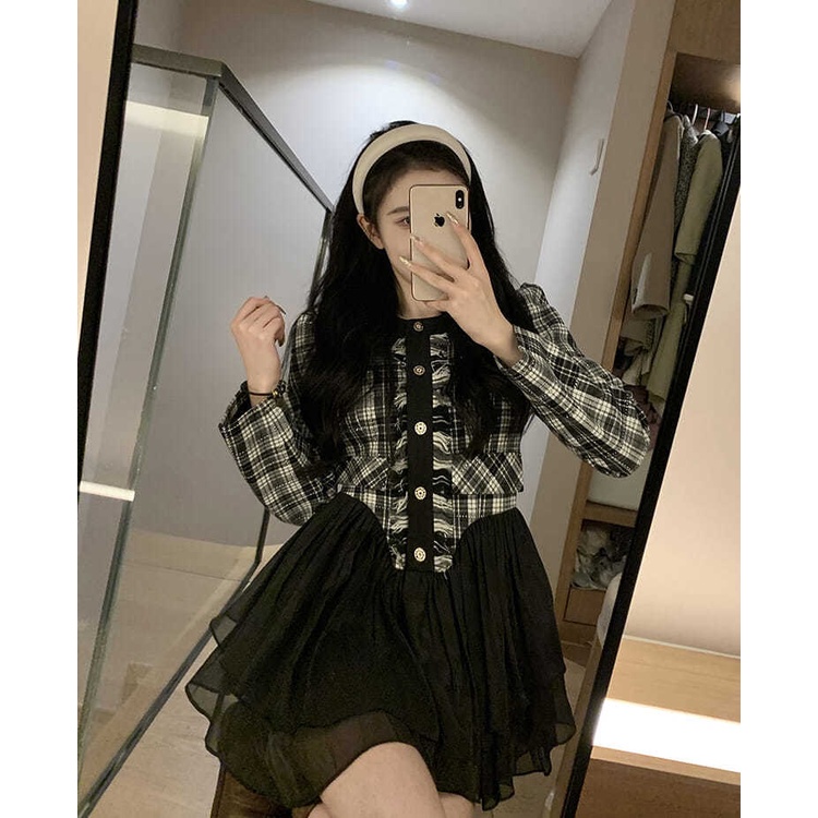 Đầm ngắn màu đen cổ tròn kiểu phương tây thời trang mùa thu 2022 cho nữ