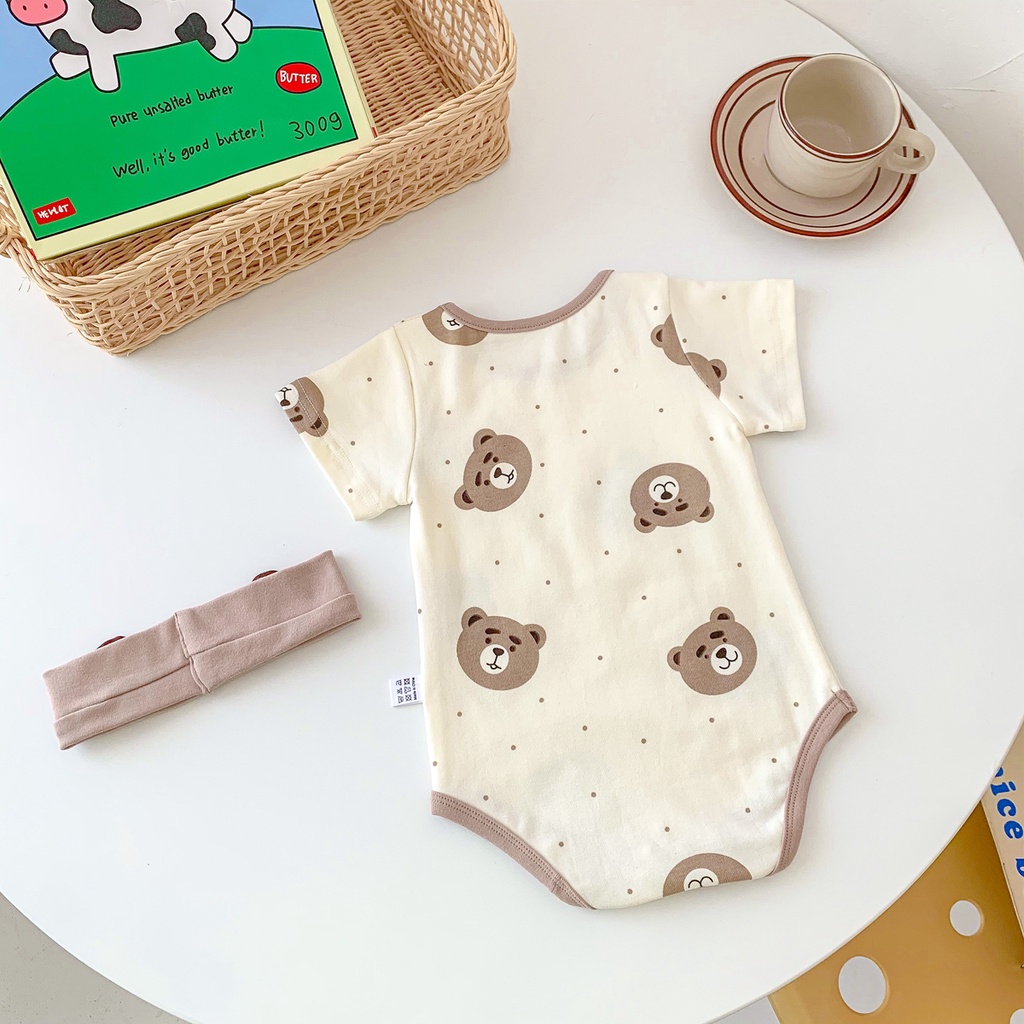 Bộ Áo Liền Quần Tay Ngắn In Hình Gấu + Băng Đô Dễ Thương Phong Cách Hàn Quốc Thời Trang Mùa Hè Cho Bé