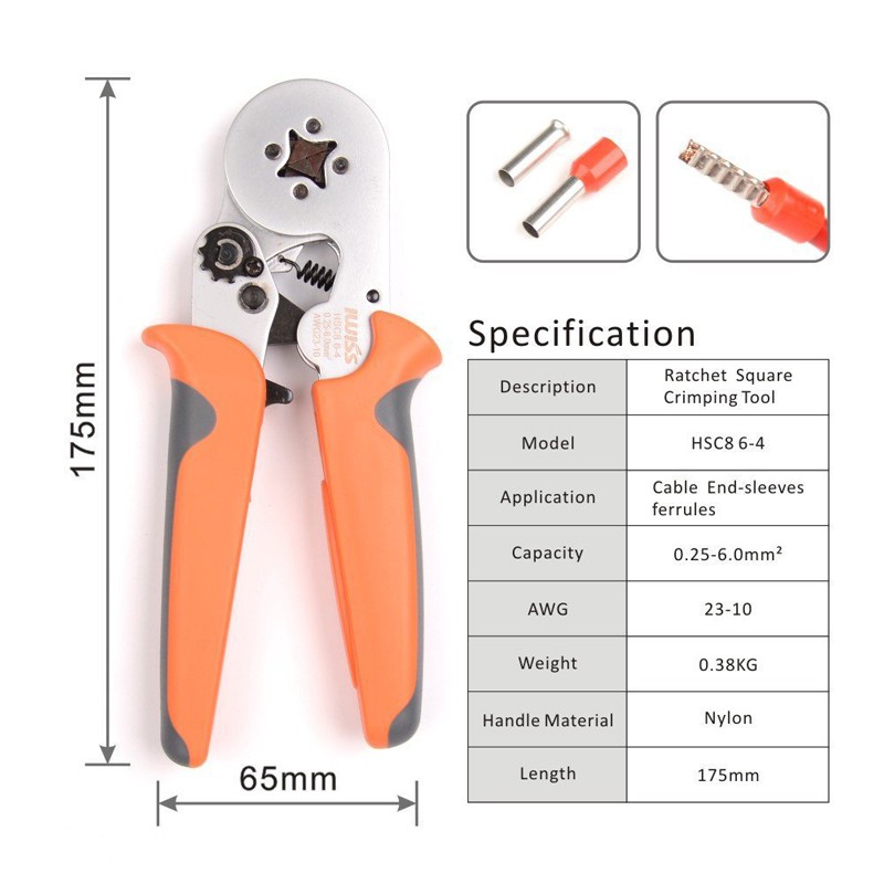 Kìm bấm cos vuông IWISS HSC8 6-4 tự điều chỉnh cos ống tròn cos pin