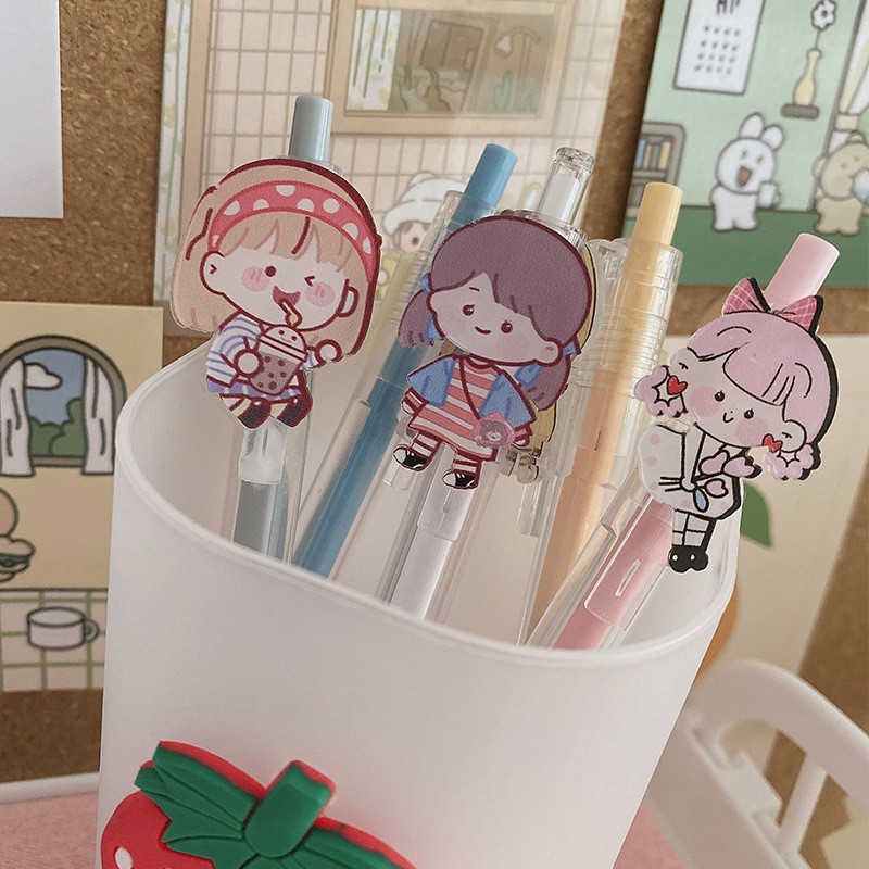 Bút bi bấm gel đen kèm pin cô gái cute A17 Taro Stationery
