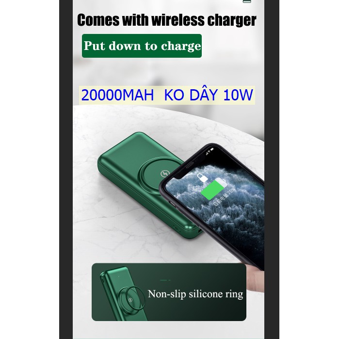 Pin sạc dự phòng không dây 10000 Mah tích hợp sạc không dây chuẩn QI