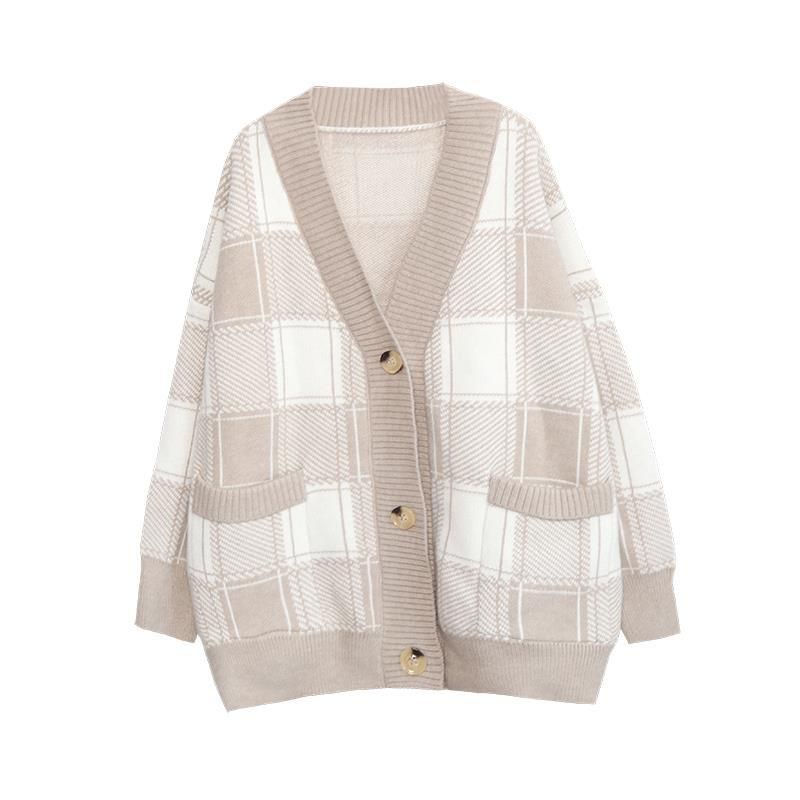 Áo len cardigan from rộng tay dài cổ V họa tiết caro