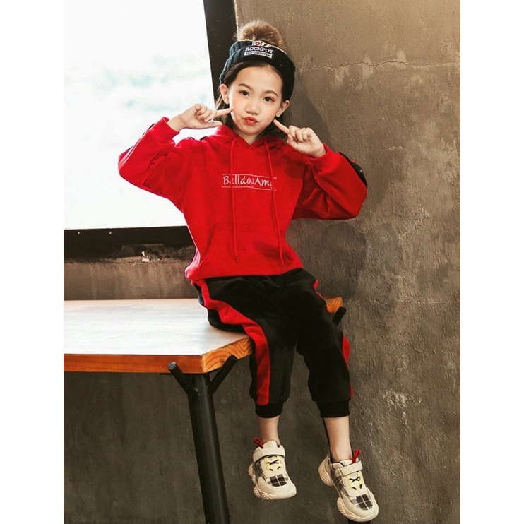 Bộ quần áo thu đông trẻ em 14-46kg dành cho bé gái mẫu Boll.doggg có mũ chất vải nỉ da cá loại 1