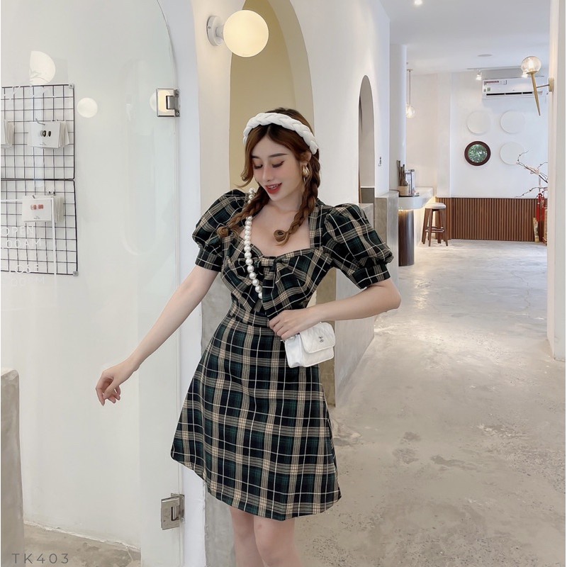 Đầm tay bồng nơ ngực caro xinh xắn | BigBuy360 - bigbuy360.vn