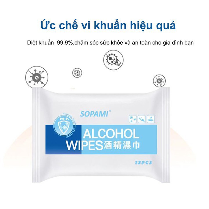 Khăn ướt lau tay có cồn diệt khuẩn (1 túi 12 tờ, 15x18 cm) kháng khuẩn cực hiệu quả