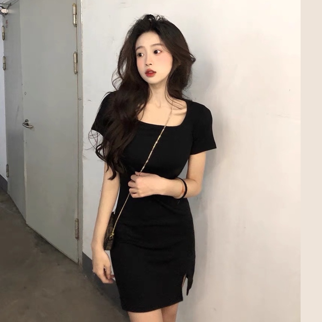 Đầm cổ vuông xẻ trước dáng ôm body màu đen sexy cá tính freesize &lt; 53kg