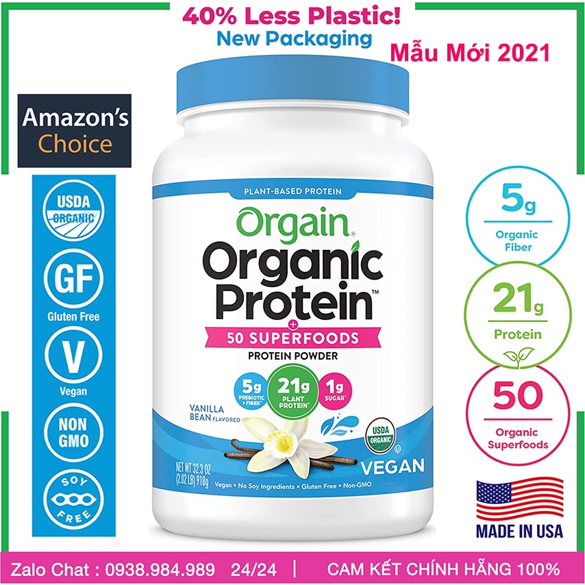 Orgain Protein organic Bột Đạm Làm Bánh Pha Sữa hữu cơ thực vật SuperFood, Vanilla Bean Vegan, Non GMO