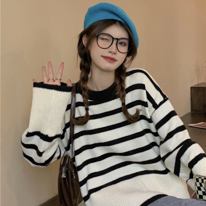 Áo Sweater Dệt Kim Dáng Rộng Kẻ Sọc Kiểu Hàn Quốc Thời Trang Mùa Thu Cho Nữ