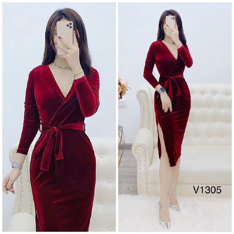 [ xả kho ] MiD Đầm nhung đỏ rượu V1305 cổ khoét quyến rũ Mie Design kèm ảnh thật
