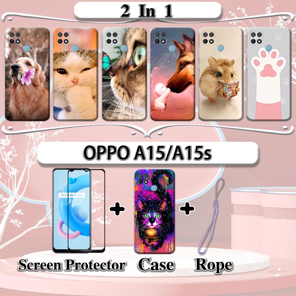 Ốp Lưng Điện Thoại Mặt Kính Cường Lực Viền Cong IN Hình Chó/Mèo 2 Trong 1 Cho OPPO A15 A15s