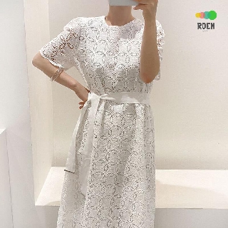 Đầm nữ ngắn tay cổ tròn eo thắt dây thời trang