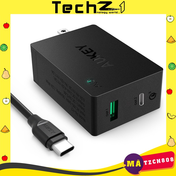 Củ sạc nhanh hiệu Aukey 2 cổng USB và Type-C cho điện thoại, máy tính bảng - Mã TZCH808