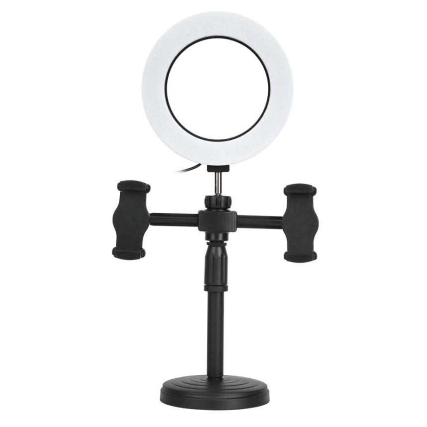 Đèn Led 16cm Với 2 Giá Đỡ Điện Thoại Để Bàn, Hỗ Trợ Livestream, Trang Điểm, Chụp Ảnh Beauty, Quay Video - Tặng Remote