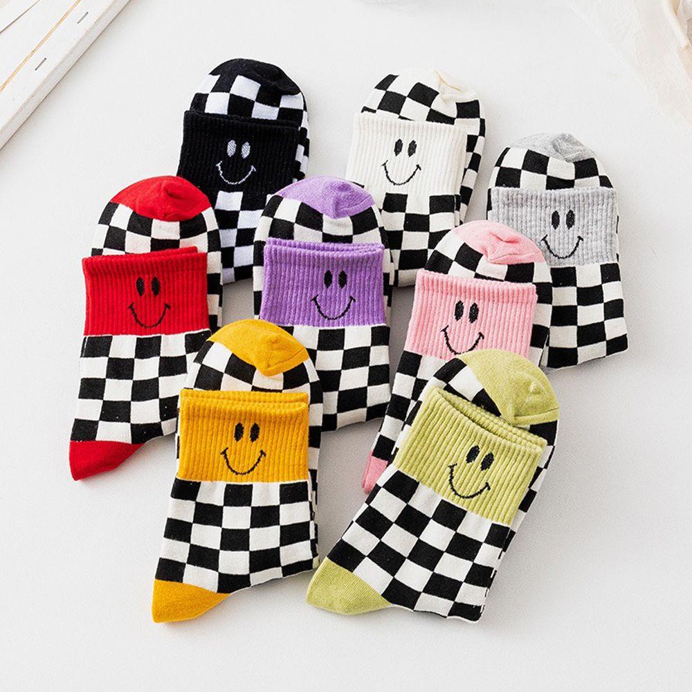 Vớ Cotton Họa Tiết Caro Mặt Cười Phong Cách Harajuku Thanh Lịch Cho Nữ WMES15H