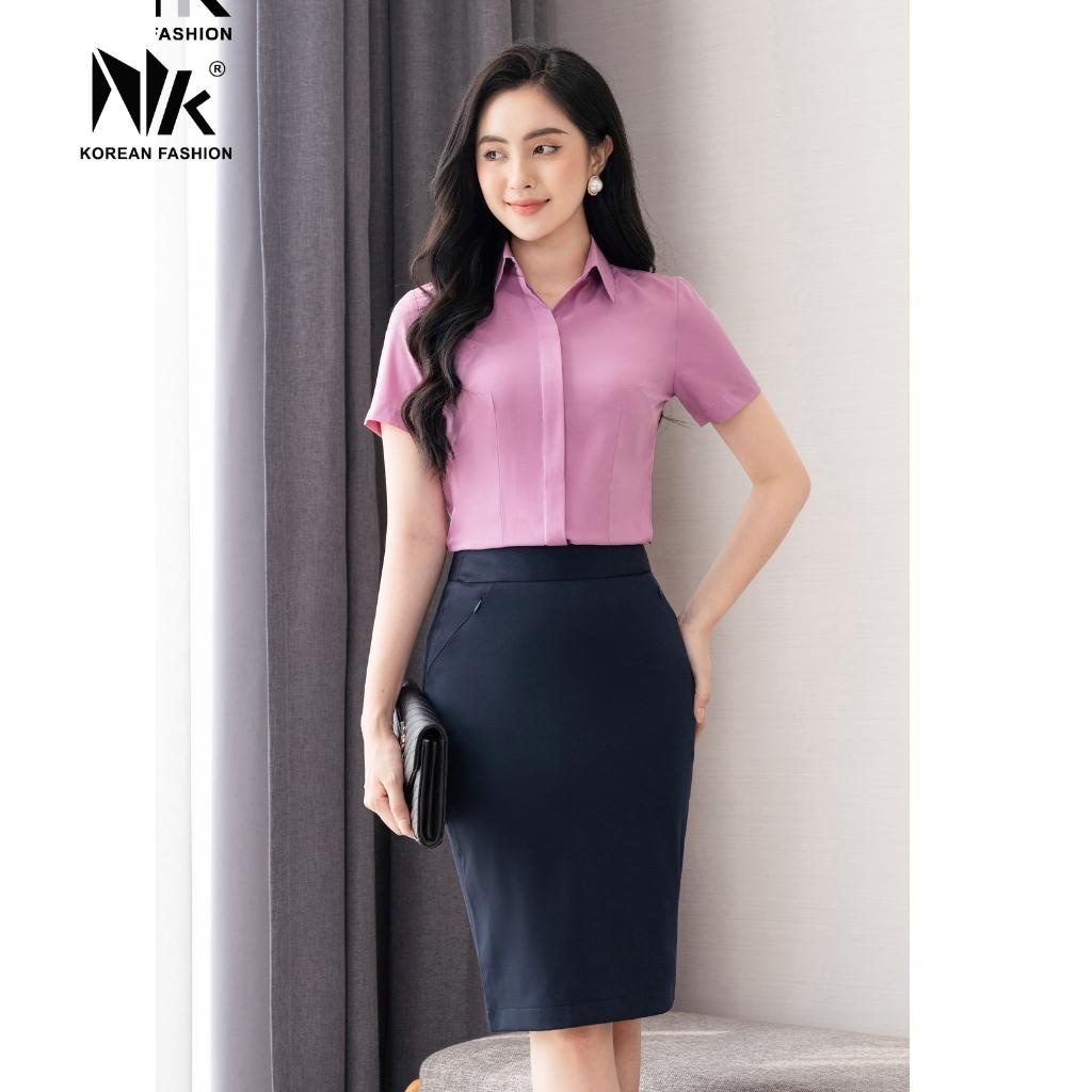 Áo sơ mi nữ cộc tay công sở kiểu dáng basic trơn dáng ôm vải Hàn co giãn - Thời trang thiết kế NK Fashion NKSM2011007