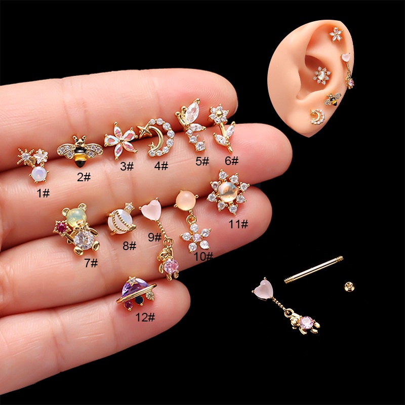 1 Khuyên Xỏ Sụn Tai 20 Ô Bằng Thép Không Gỉ Đính Đá Zircon Hình Trái Tim