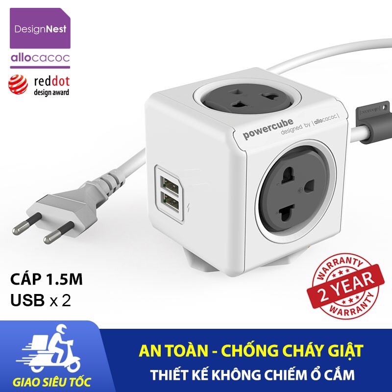 [Chính Hãng] Ổ cắm điện thông minh đa năng Allocacoc PowerCube Extended USB, Cáp 1,5m, chống cháy..