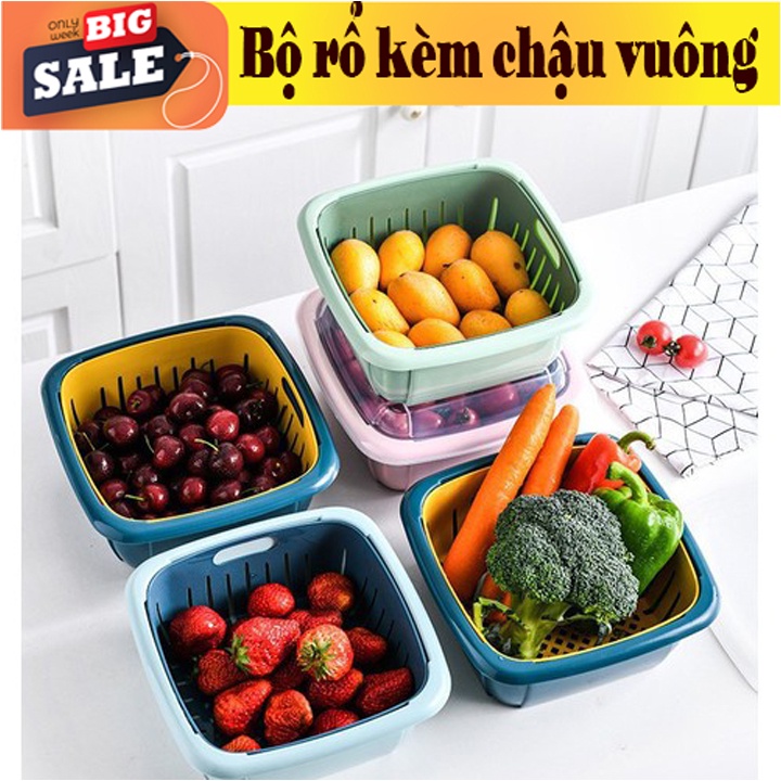 Bộ rổ nhựa kèm chậu đựng rau trái cây có nắp đậy kèm lỗ thoát nước 3 trong 1 đa năng