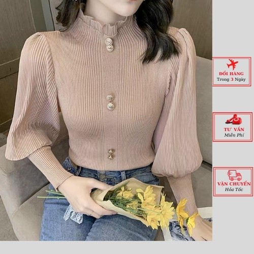 Áo len nữ công sở tay bồng tiểu thư cúc ngọc ulzzang Hàn Quốc phong cách bánh bèo