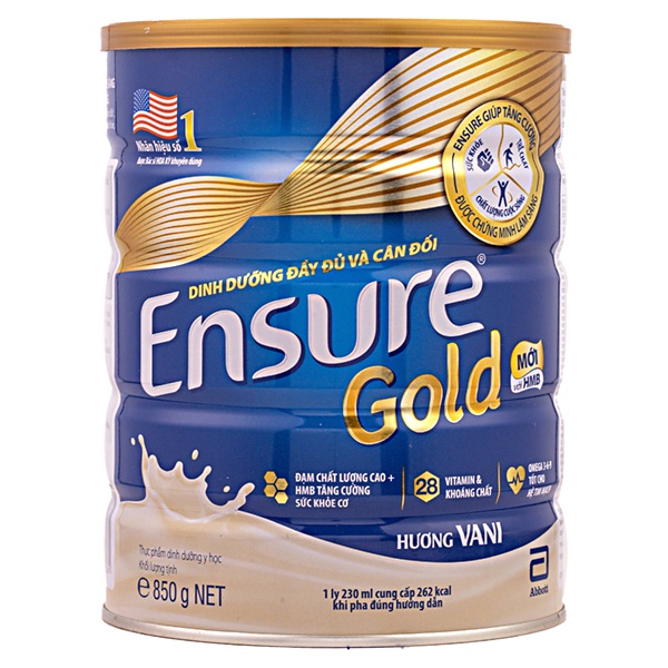 [Quà Tặng Khẩu Trang] Sữa bột Ensure Gold Abbott 850g hương vani (HMB) chính hãng giá tốt