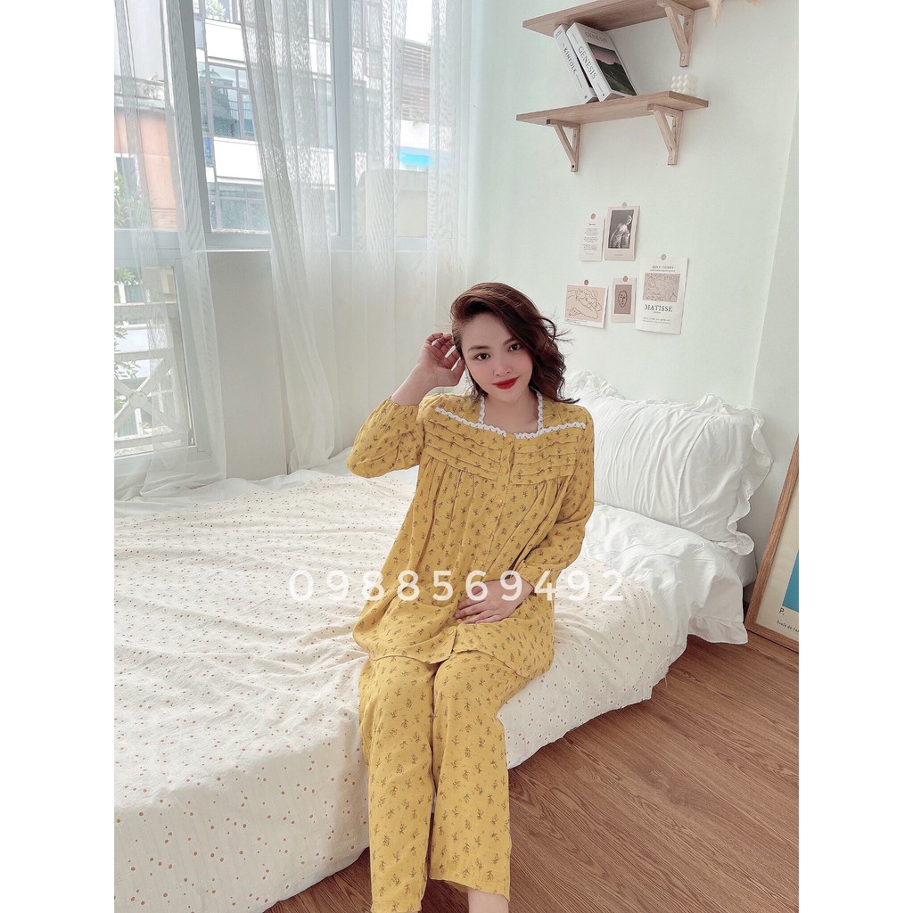 BỘ BẦU VÀ SAU SINH DÀI TAY CÓ MỞ CÚC CHO BÉ TI CHẤT TƠ HÀN HOA NHÍ