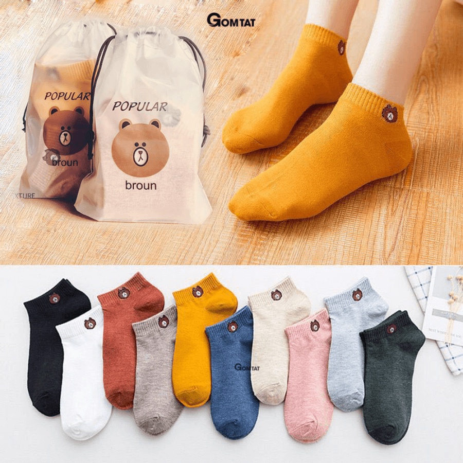 Tất Cổ Ngắn Nam Nữ Vintage, Tất Gấu Set 10 Đôi Mẫu Tất Gấu Dễ Thương - TATGAU-CB10