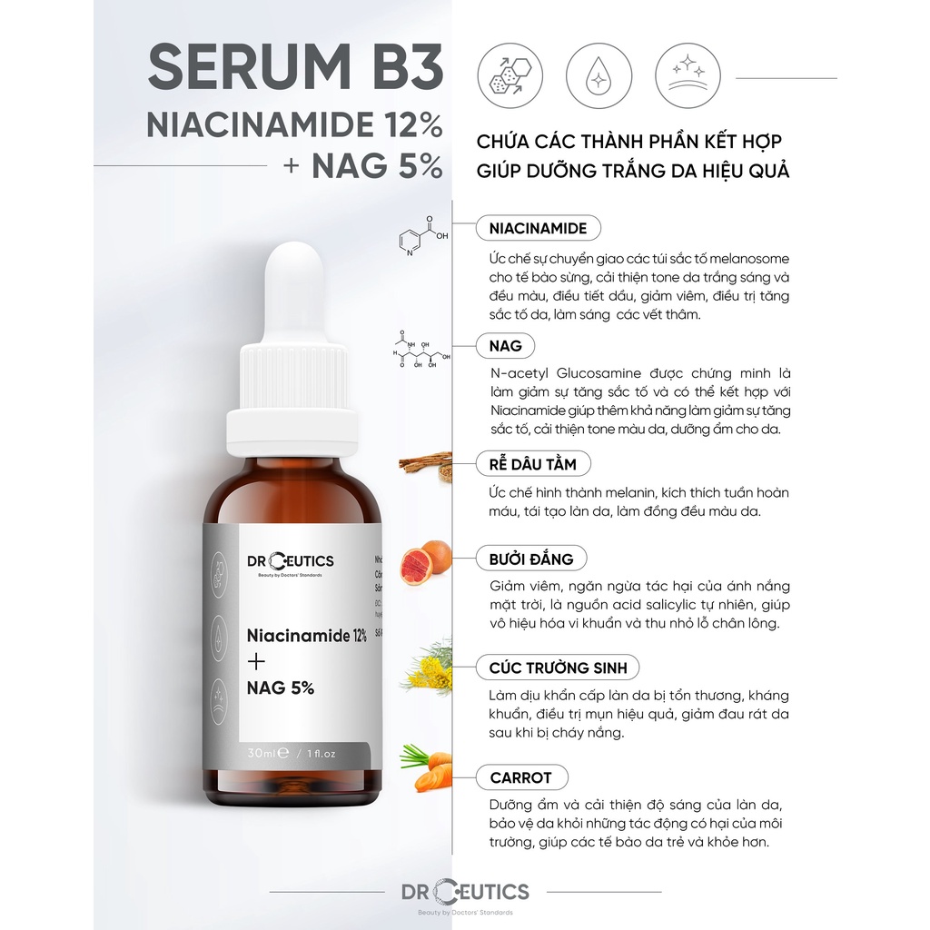 Serum Vitamin B3 DrCeutics 30ml - Làm Sáng, Đều Màu Da &amp; Se Khít LCL - Niacinamide 12% + NAG 5%