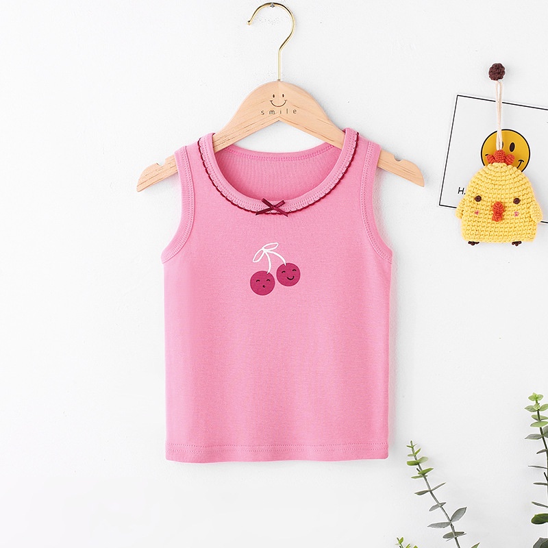 Stock 90-160cm children's pure cotton vest combed cotton girl child labor word back heart children's cartoon printed bottom shirt baby thin thread vest Korean children's clothing is light and soft