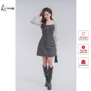 Váy nữ thiết kế lecoong v130 tay bồng phối tơ đính đá nổi bật