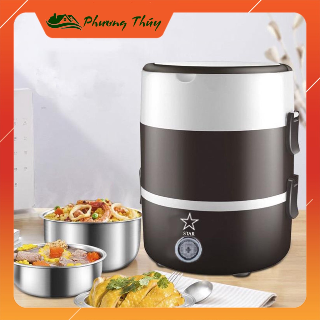 HỘP CƠM CẮM ĐIỆN MINI STAR 2 Tầng,3 Bát Inox,Giữ Nhiệt,Hâm Nóng,Nấu Chín Thức Ăn