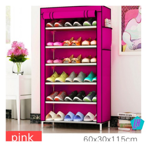 Tủ giày vải trơn 6 tầng 7 ngăn khung inox,giá để giày thông minh
