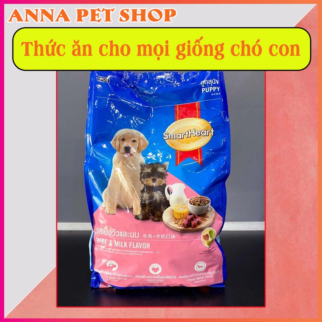 Thức ăn cho mọi giống chó nhỏ Smart Heart Puppy 1,5kg vị thịt bò và sữa