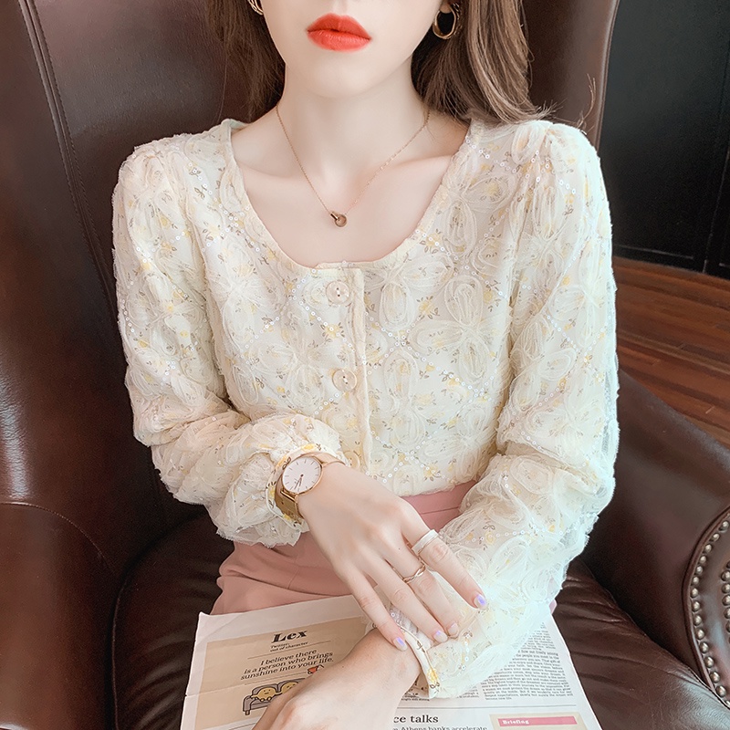 Áo Sơ Mi Tay Dài Phối Lưới In Họa Tiết Hoa Anh Đào Dễ Thương Thời Trang Mùa Thu Phong Cách Hàn Quốc Cho Nữ