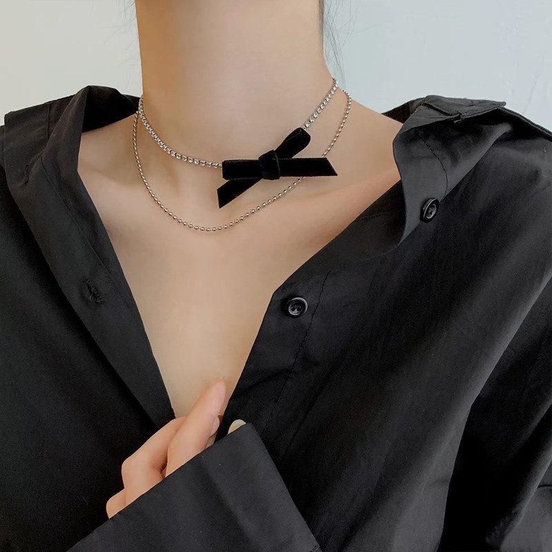 Vòng Cổ Choker Nhung Hai Lớp Thắt Nơ Đính Kim Cương Sáng Bóng Quyến Rũ Thời Trang