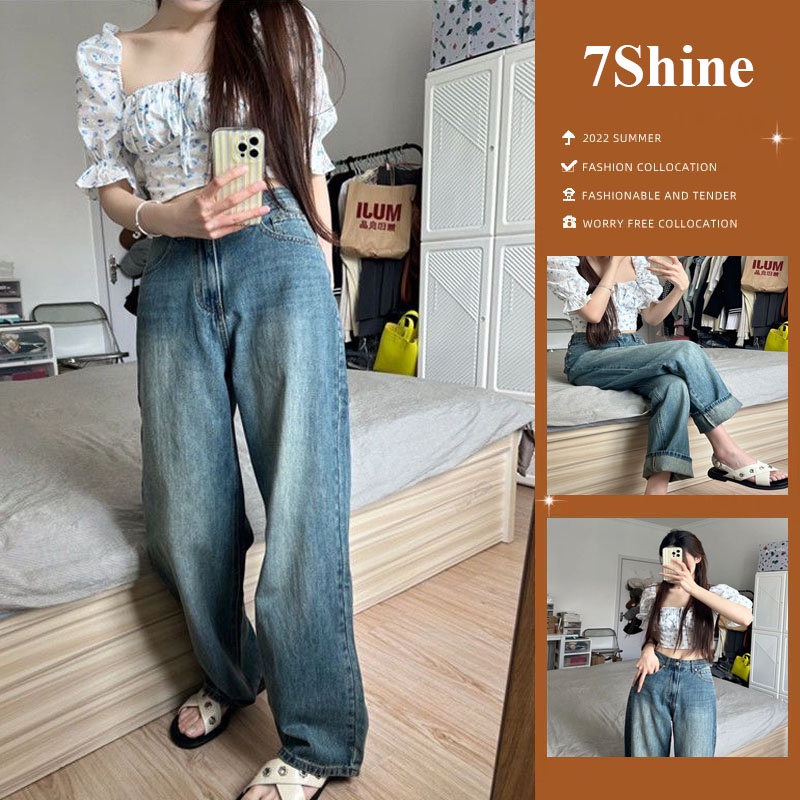 Quần jean nữ xanh ống rộng lưng cao kiểu dáng màu xanh Ulzzang thời trang mùa hè